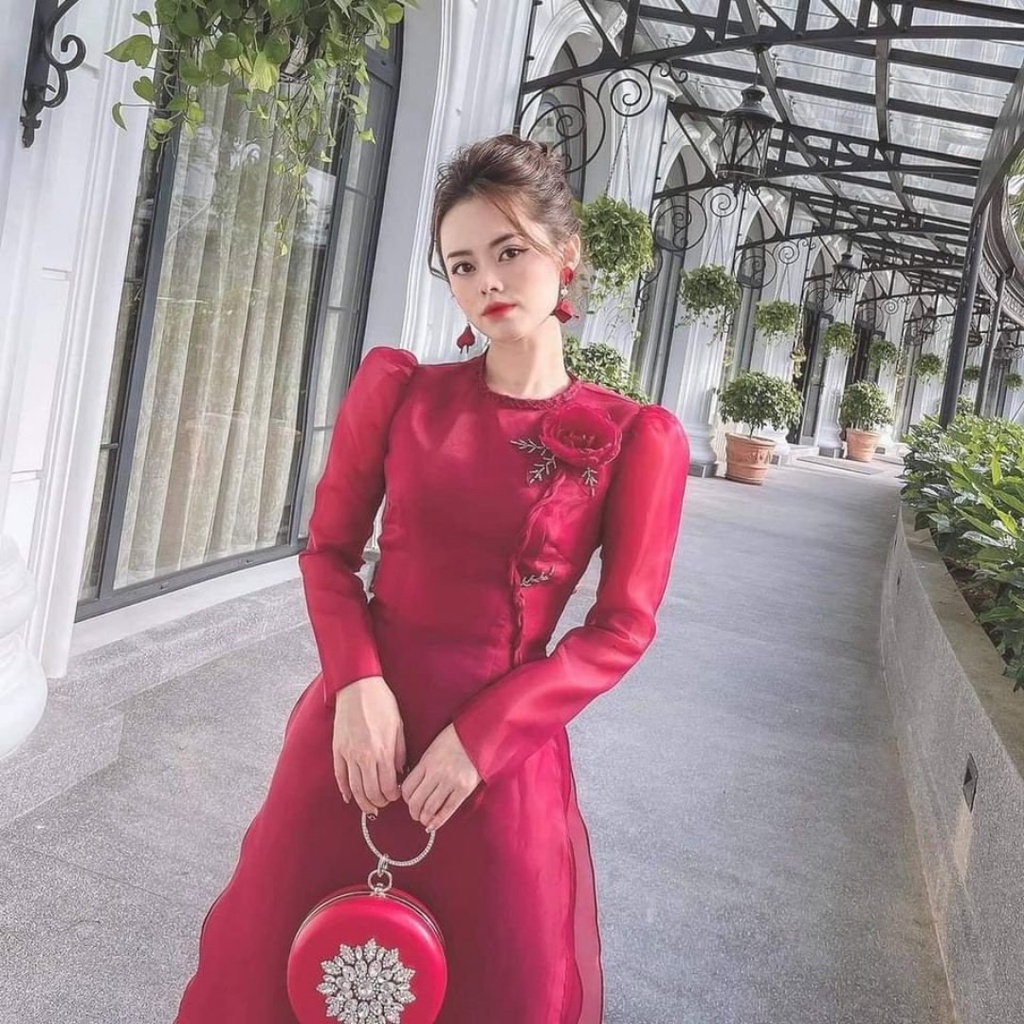 Áo dài cách tân chất voon organza  - vàng tết cổ