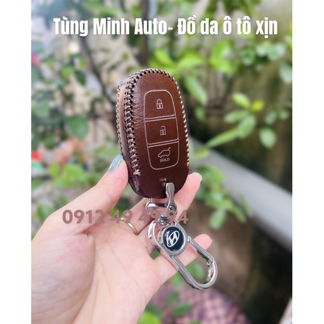 Bao da móc khoá Huyndai accent 3 nút bấm, santafe, bọc chìa khoá da thật khâu tay handmade, xịn xò