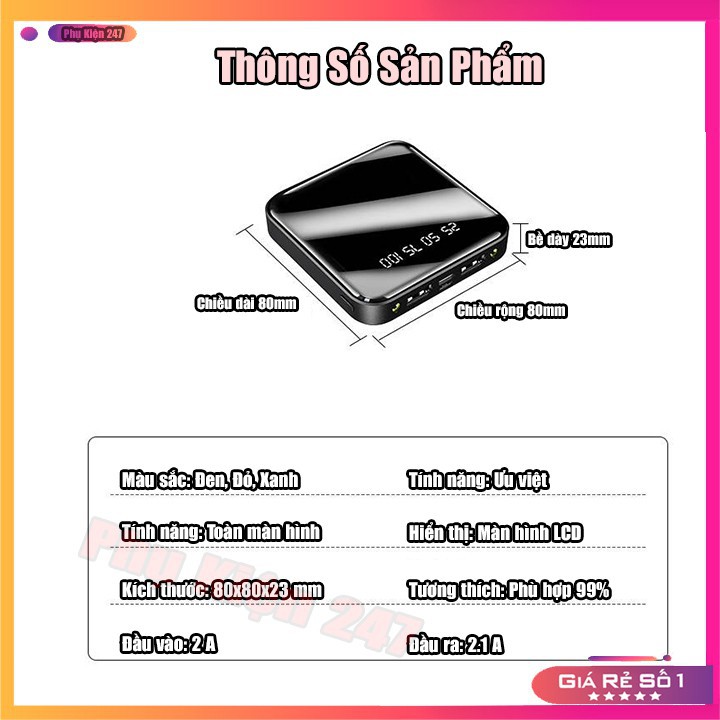 Sạc Dự Phòng 20.000 mAh Mặt Kính Màn Hình LED Full LCD