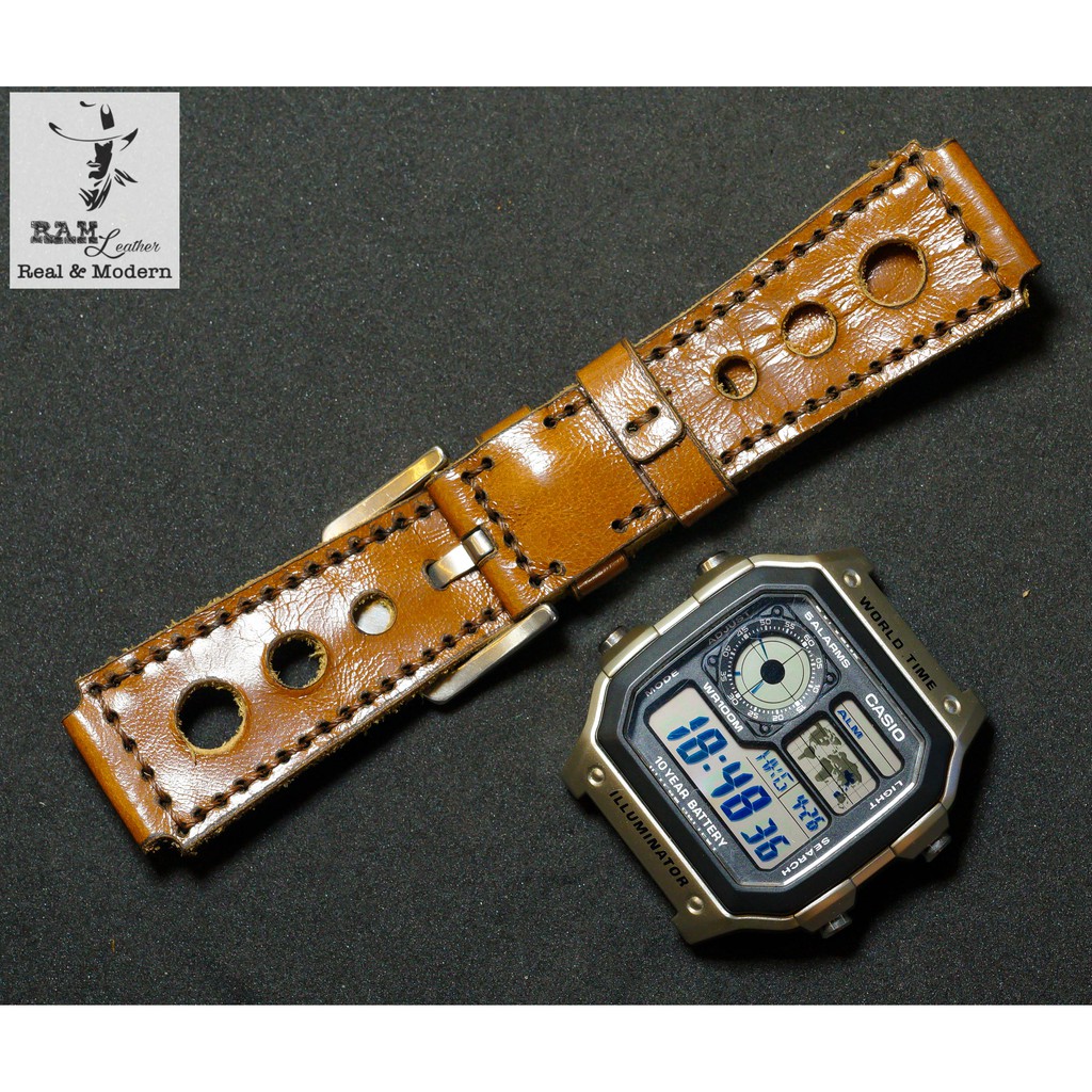 Dây Casio AE 1200 da bò nâu đỏ RAM Leather D3 - tặng khóa chốt và cây thay dây