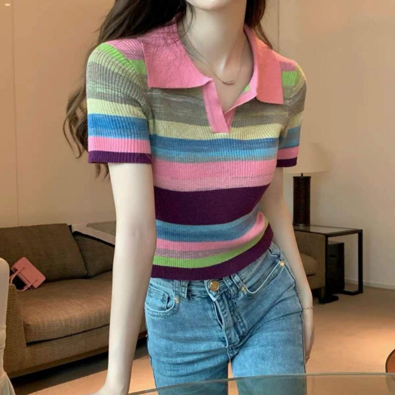 Áo len kẻ sắc màu hàng QC