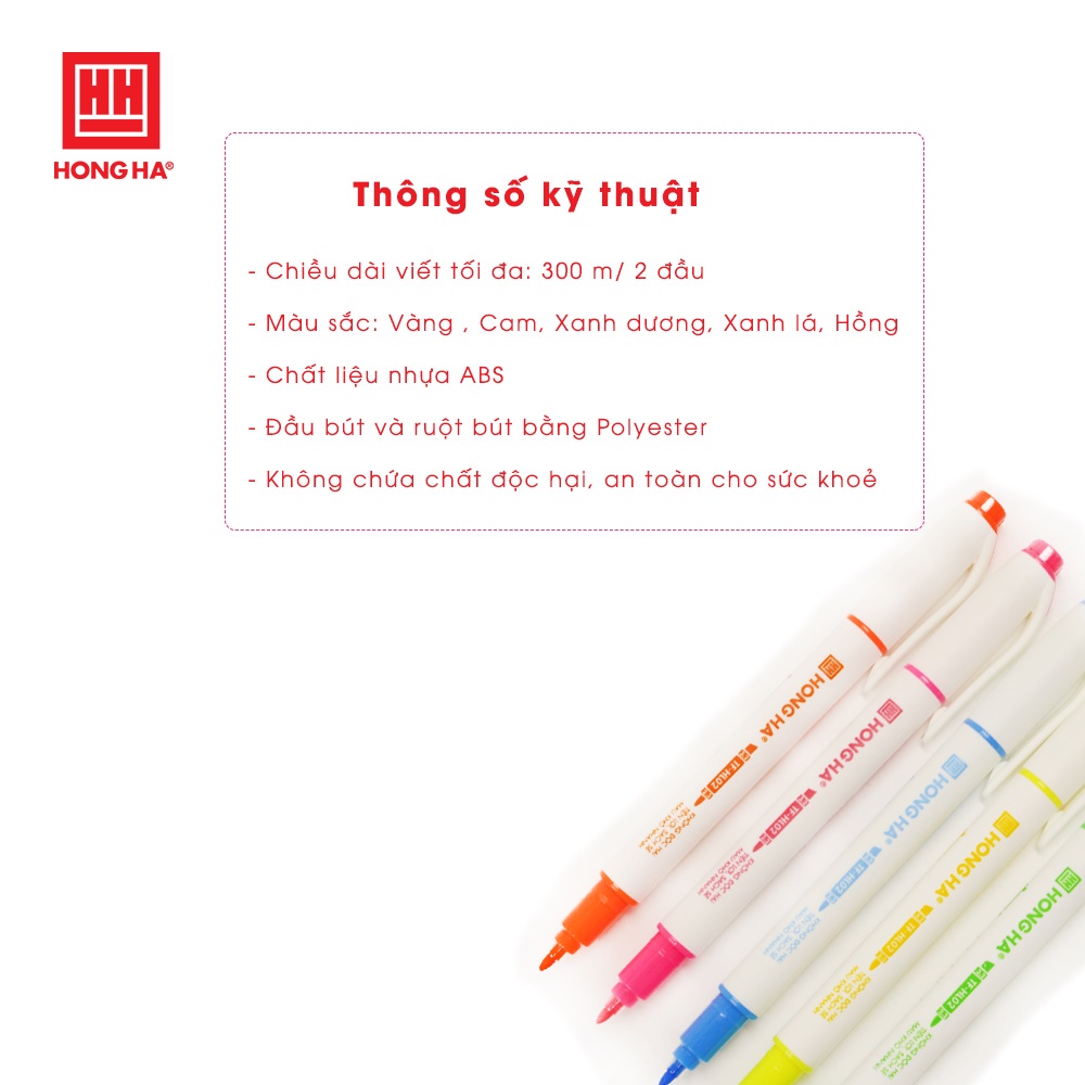 Bút highlight nhớ dòng 2 đầu Hồng Hà - 5 màu, tươi sáng - 6690,Đầu bút và ruột bút bằng Polyester, dạng vát xéo