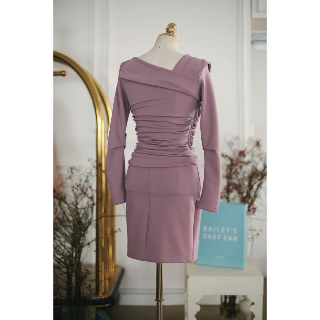 Đầm dự tiệc thiết kế ôm sang trọng, váy thu đông dài tay nhún thân màu hồng tím - e1151