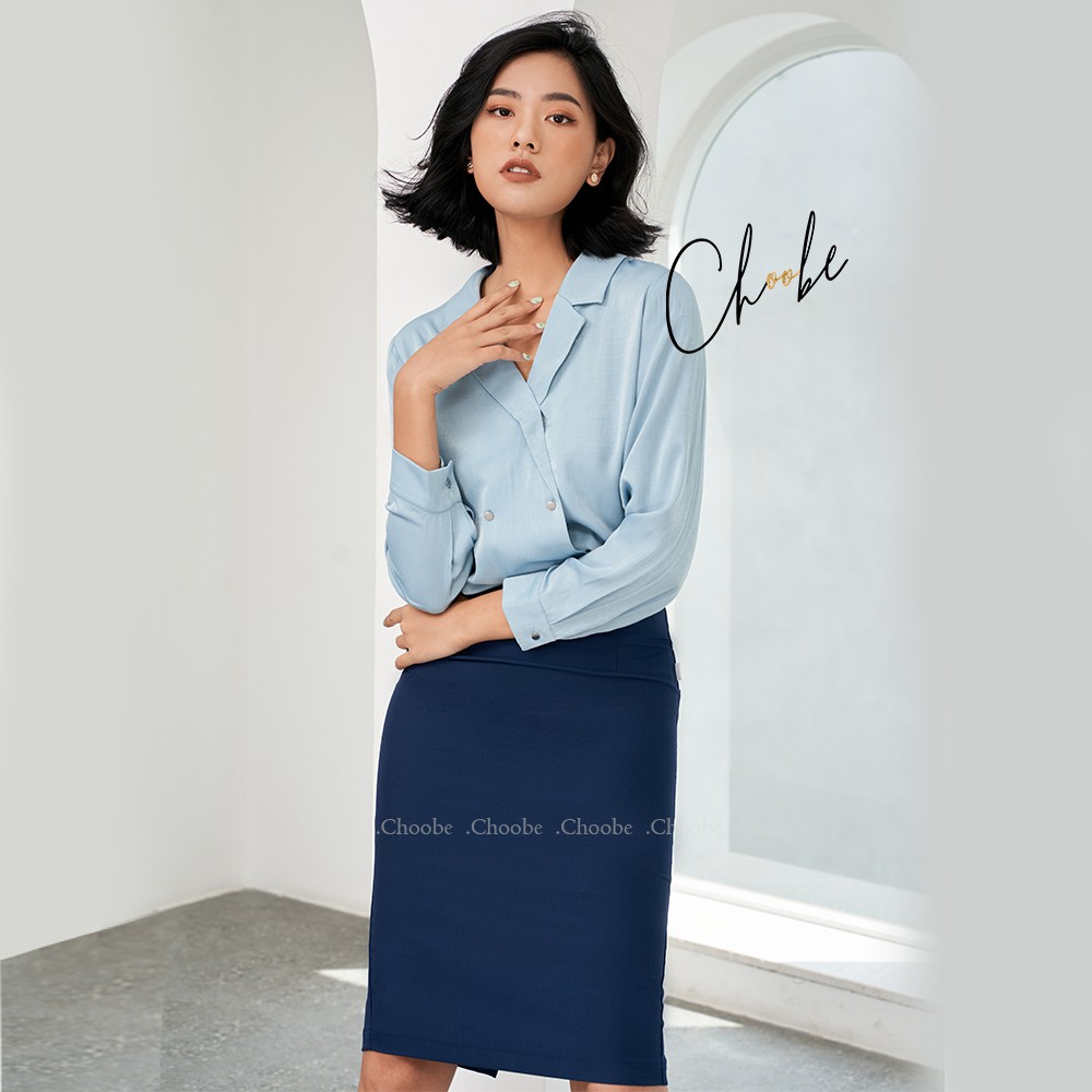 Chân váy Choobe bút chì lưng cạp cao có lớp lót đồ công sở ôm body xẻ sau dáng dài màu Xanh Navy CV05X | BigBuy360 - bigbuy360.vn