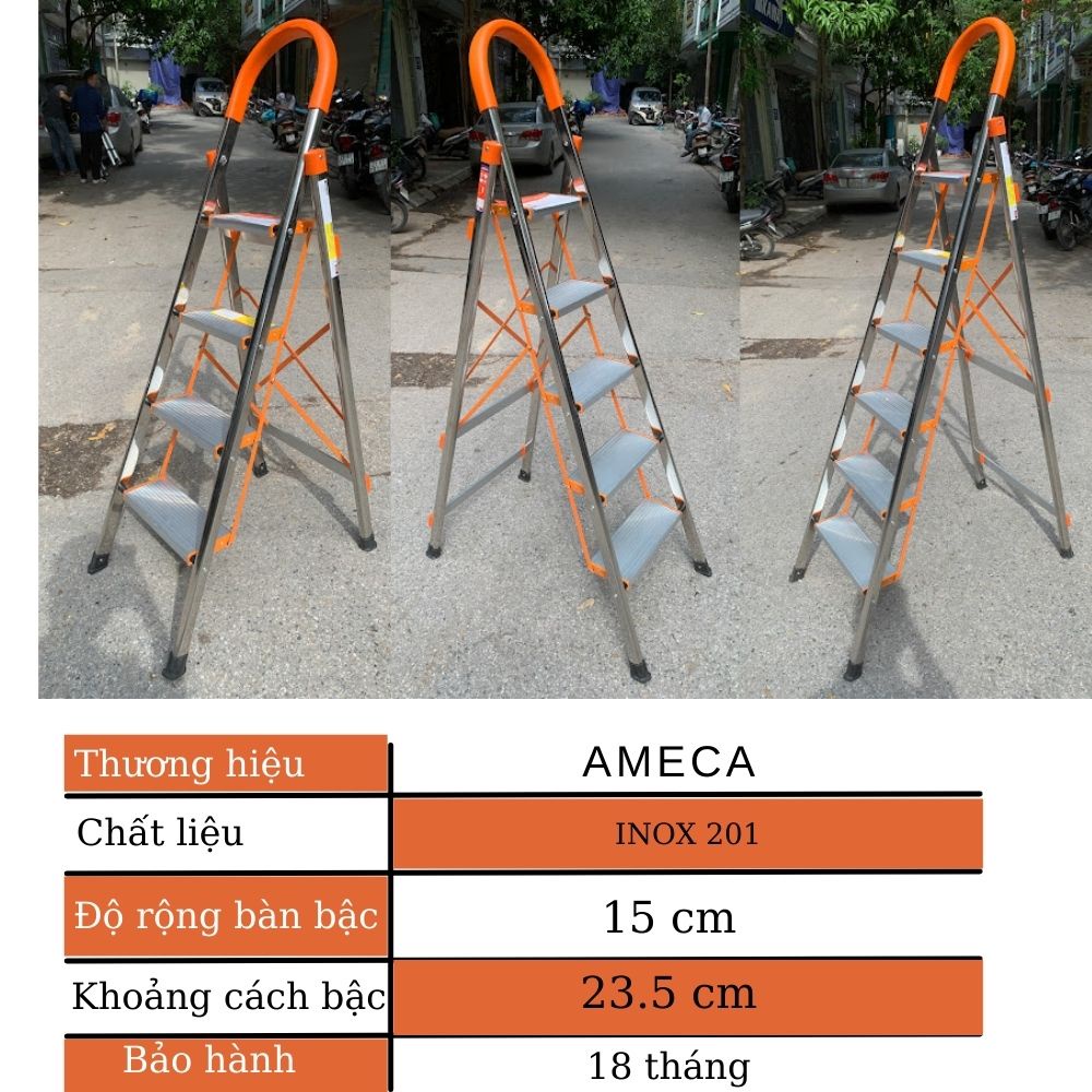 Thang ghế chữ a AMECA AMG inox tay vịn gấp gọn đa năng 3,4,5,6,7 bậc, bảo hành chính hãng 18 tháng