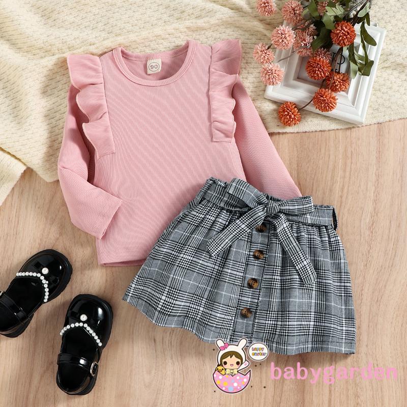 Set Đồ Mùa Thu 2 Món Gồm Áo Thun Tay Dài Có Gân Màu Trơn + Chân Váy Caro Kèm Thắt Lưng Cho Bé Gái 6 Tháng Tuổi