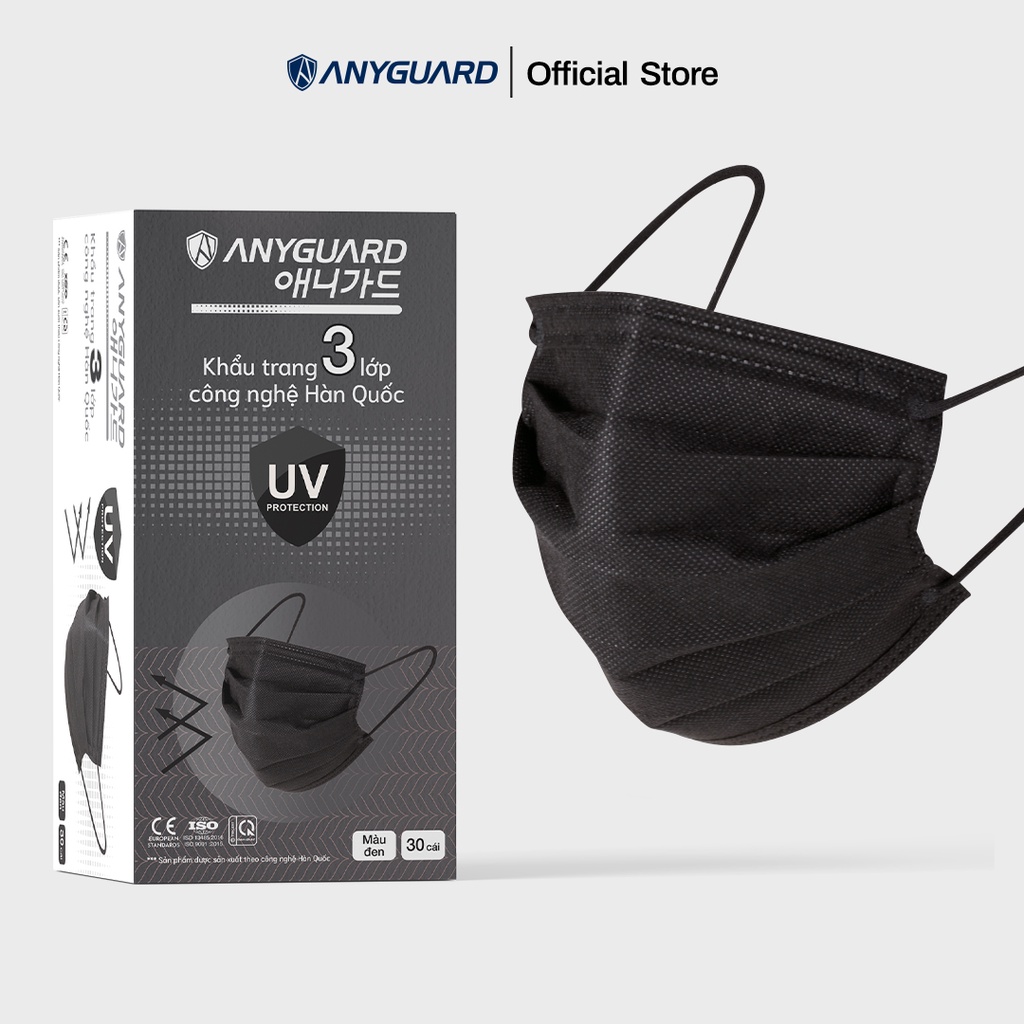 Khẩu Trang ANYGUARD Hàn Quốc 3 Lớp Chính Hãng Lọc 99% Vi Khuẩn - UV Protection Bảo Vệ Hằng Ngày - Màu Đen (Hộp 30 Cái)