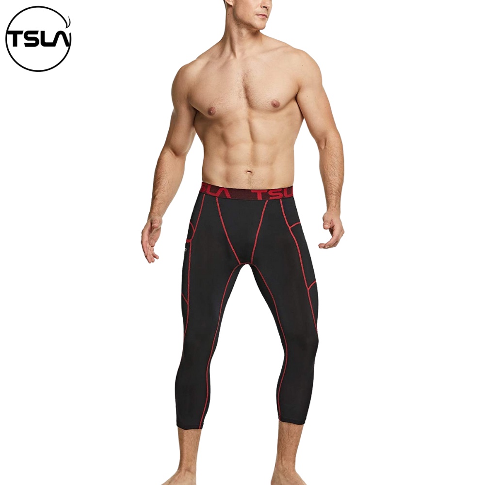 Quần thể thao nam combat bó cơ thể TSLA legging lửng 3/4 có túi thoáng mát kháng khuẩn chống UV tập gym đá bóng bơi