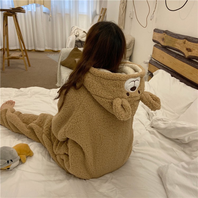 Bộ đồ ngủ Nhật Bản dễ thương gấu có mũ trùm đầu mùa đông dày cộng với nhung lỏng lẻo sang trọng
