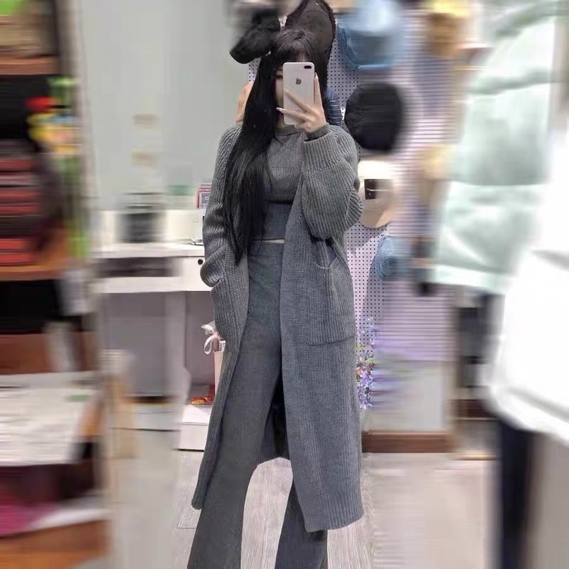 SET CARDIGAN DÀI QUẦN ỐNG LOE LEN TĂM MÀU XÁM PHONG CÁCH HÀN QUỐC