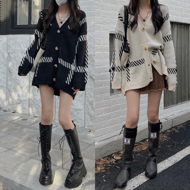 Áo cardigan len nữ dệt kim kẻ sọc basic phong cách Hàn Quốc khoác ngoài mới nhất thu đông 2022 màu đen kaki kozoda AC48