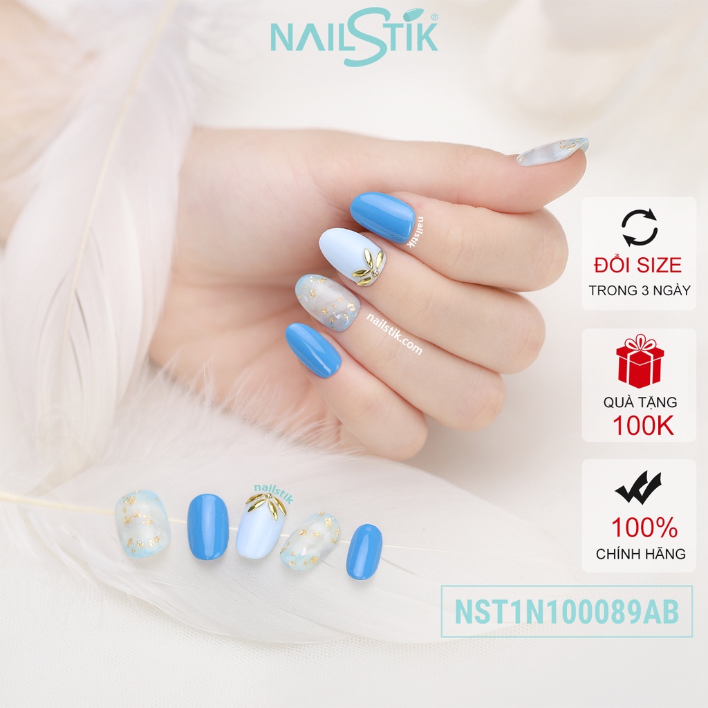 Móng úp thiết kế by NAILSTIK, màu xanh dương đậm lợt, form móng bầu ngắn/dài,  089