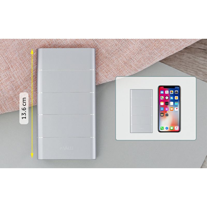 Pin sạc dự phòng Polymer 10.000 mAh Sạc Nhanh QC 3.0 eValu PA F1 Air Nhôm Bạc Sạc nhanh 18w likenew 98