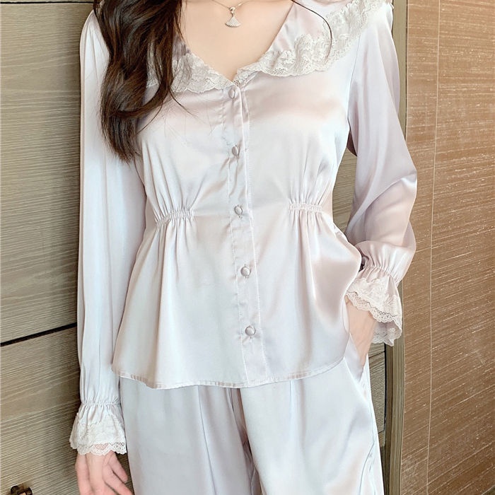 Bộ đồ ngủ phối ren phong cách Pháp ngọt ngào thời trang xuân thu cho nữ 2021