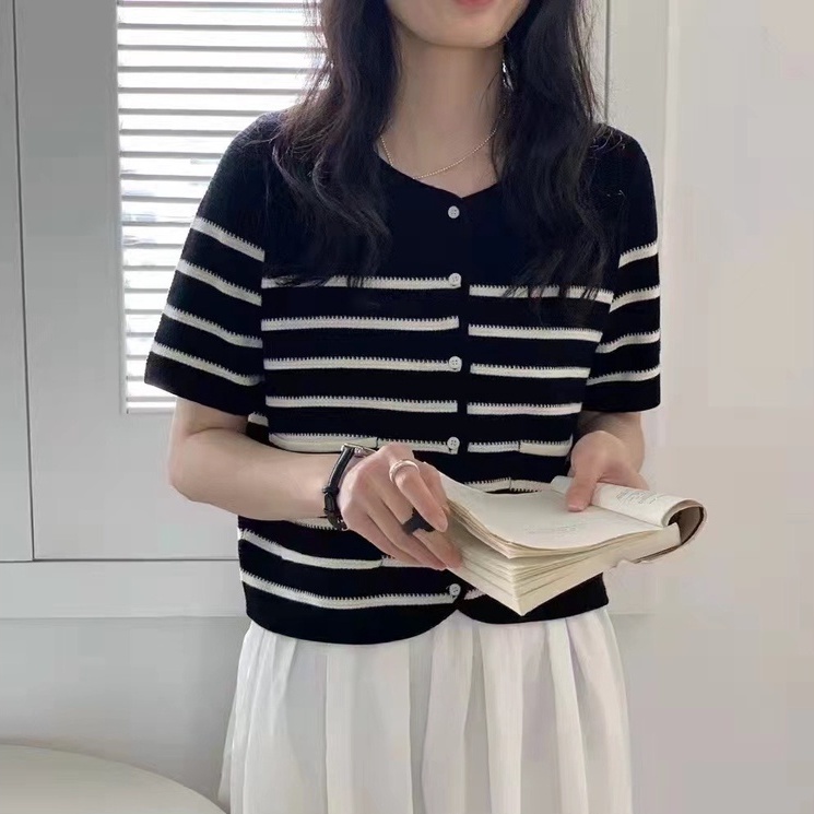 Áo cardigan dệt kim ZHELIHANGFEI tay ngắn cổ tròn kẻ sọc đơn giản trẻ trung