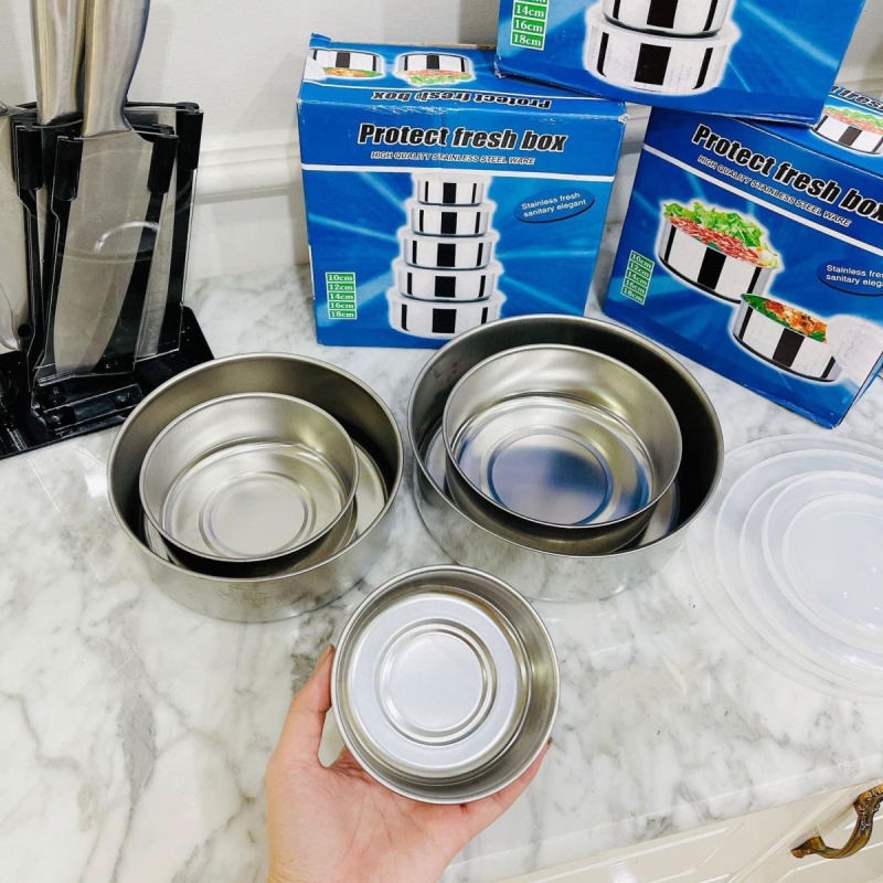 Bộ 5 bát inox đủ kích thước - Hộp đựng thức ăn có nắp để tủ lạnh siêu an toàn, tiện dụng