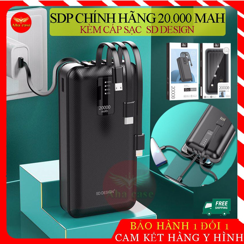 [Mẫu Mới 2021] Pin Sạc dự phòng G02 chính hãng 20,000mAh SD Design kèm 3 dây sạc, cáp sạt cổng USB, bảo hành 1 năm