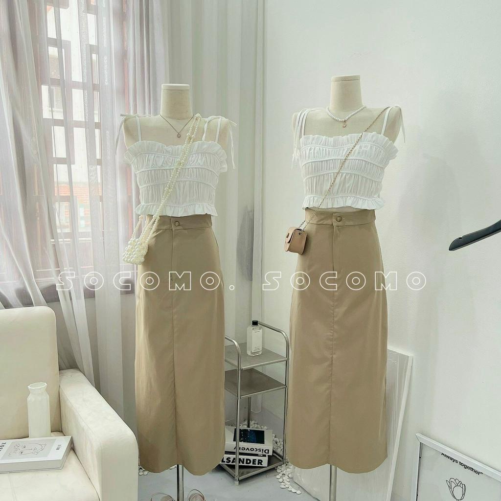 Set áo hai dây nhúm trắng kèm chân váy kaki be Socomo B542023 - Hàng loại 1, chất đẹp - Giá tốt