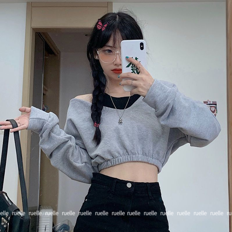 Áo Thun Tay Dài Hở Vai Cổ Chữ V Màu Trơn Thời Trang Cho Nữ