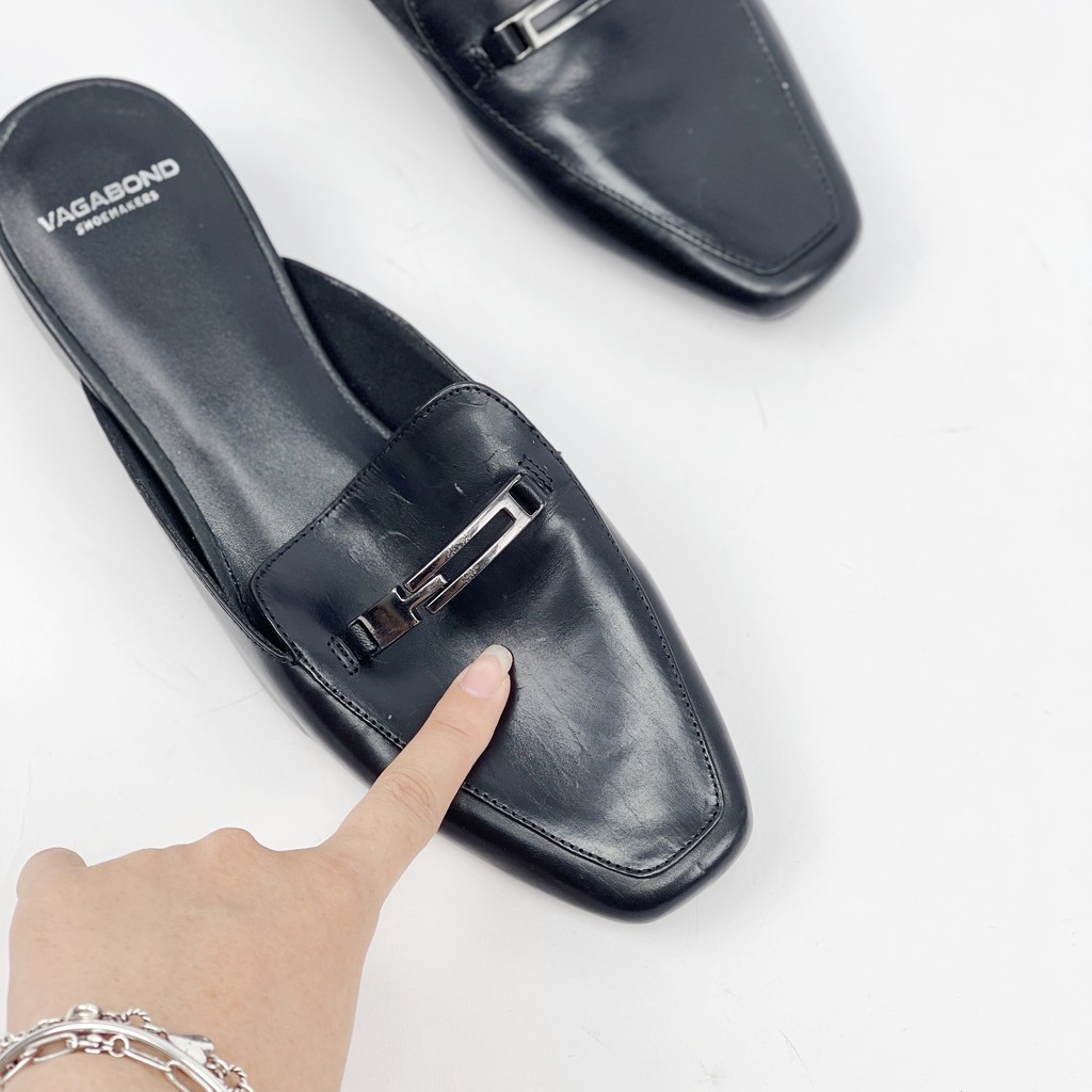 Dép sục nữ da thật, sục da thật mũi vuông đế bệt 2cm đai kim loại - Hàng VNXK - Kimy Store