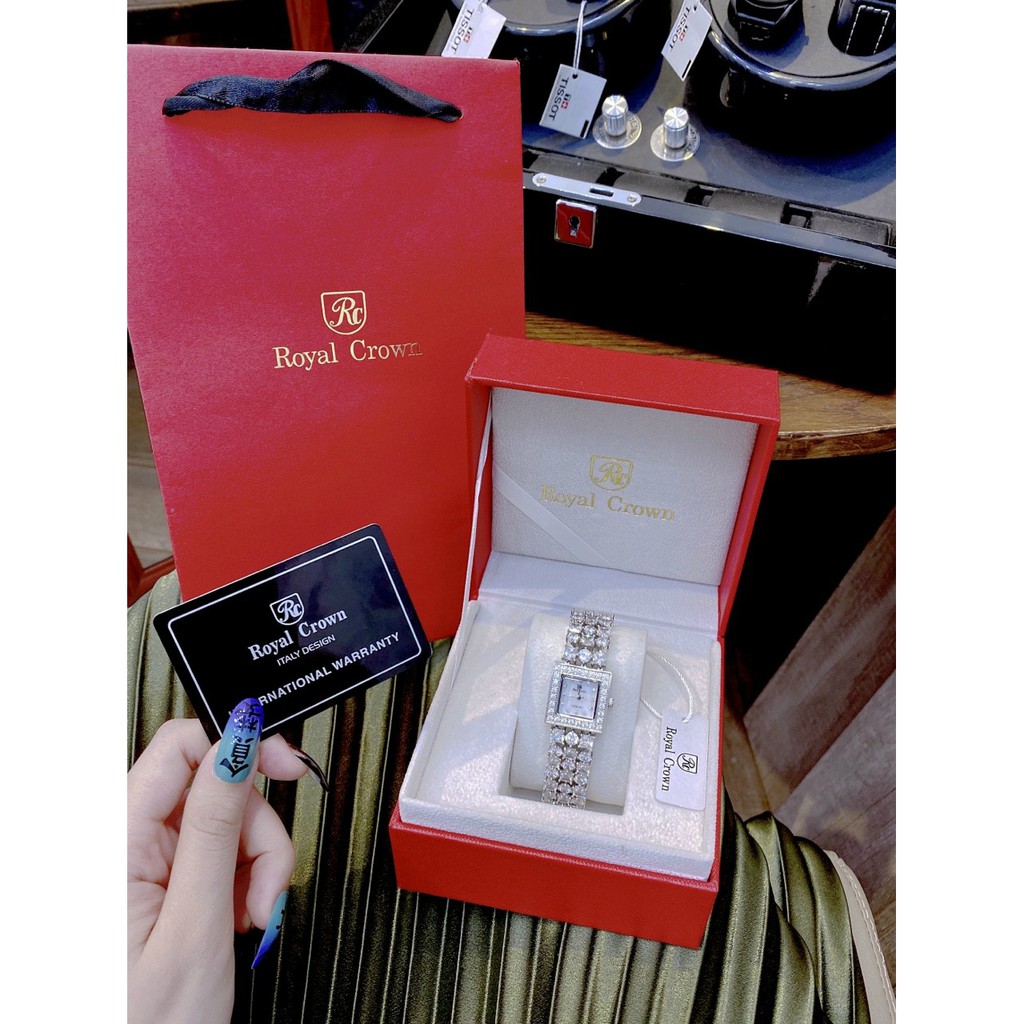Đồng hồ nữ dây kim loại, đồng hồ đeo tay nữ mặt vuông ROYAL CROWN chính hãng Full box, đính kim cương nhân tạo siêu sang