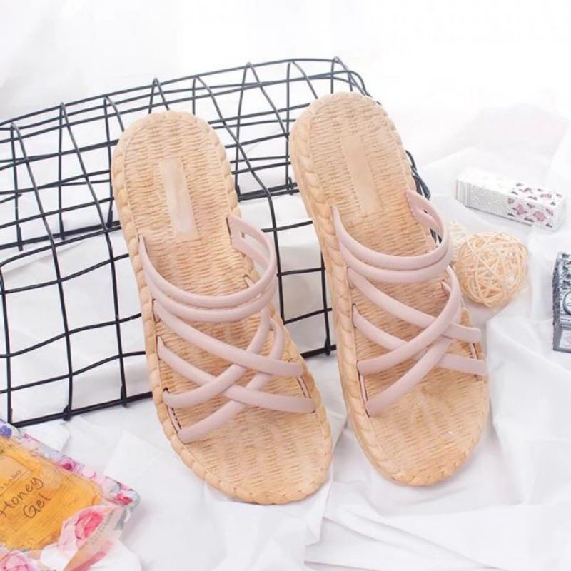 Sandal quai chéo đế bằng giả cói
