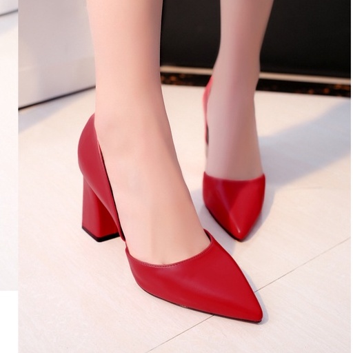 Giày cao gót vuông 7p 1/2 công sở màu đỏ óng ả hở hông