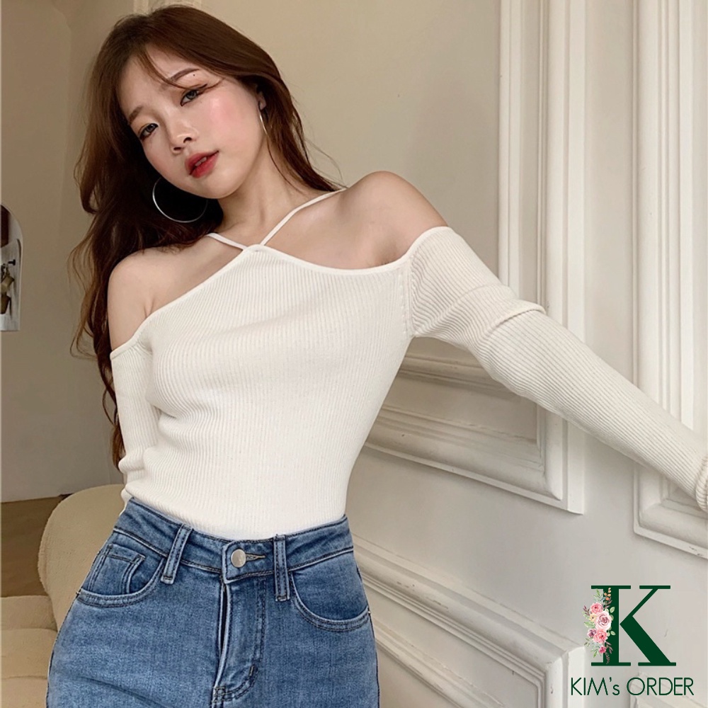 Áo len nữ dài tay màu đen trắng ghi cổ dây chéo hở ngang trễ vai phom ôm body phong cách sexy sang chảnh sành điệu