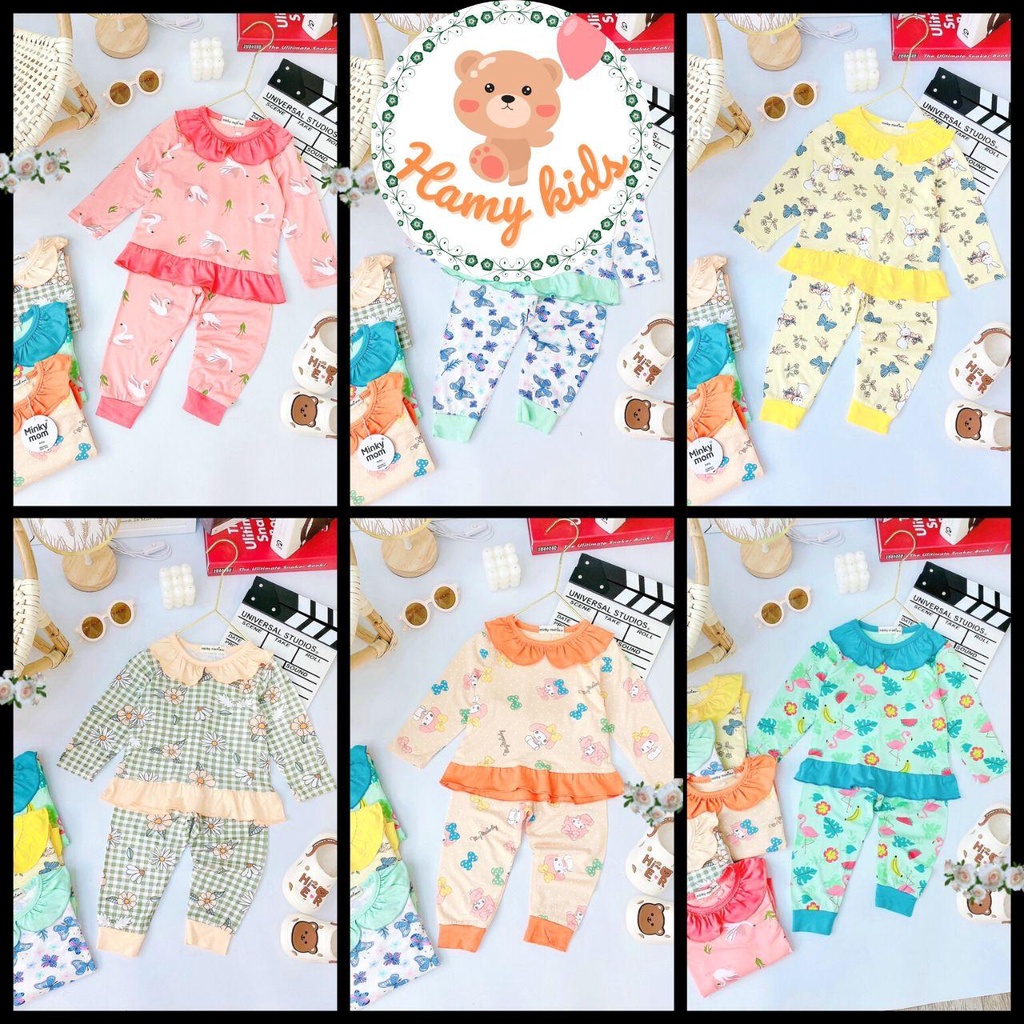 Bộ Dài Tay Minky Mom Chính Hãng Bé Gái Vải Thun Lạnh Hoa Văn Cute Cho Bé 0-5 Tuổi Dưới 20kg - Hamykids