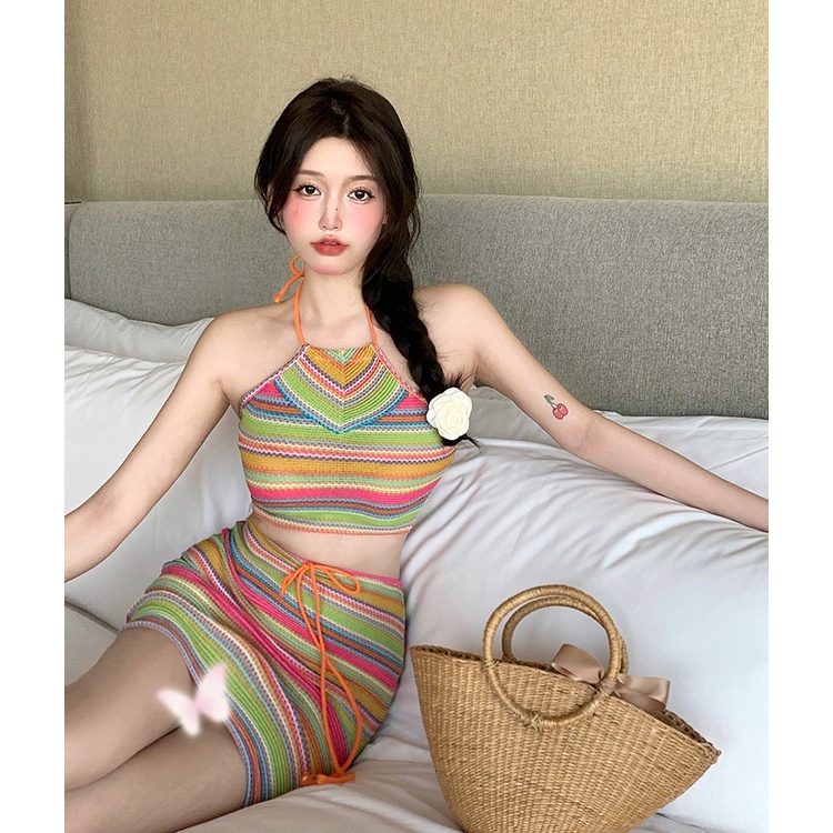 Jane Set áo yếm croptop + chân váy ngắn Boho cầu vồng rực rỡ diện hè