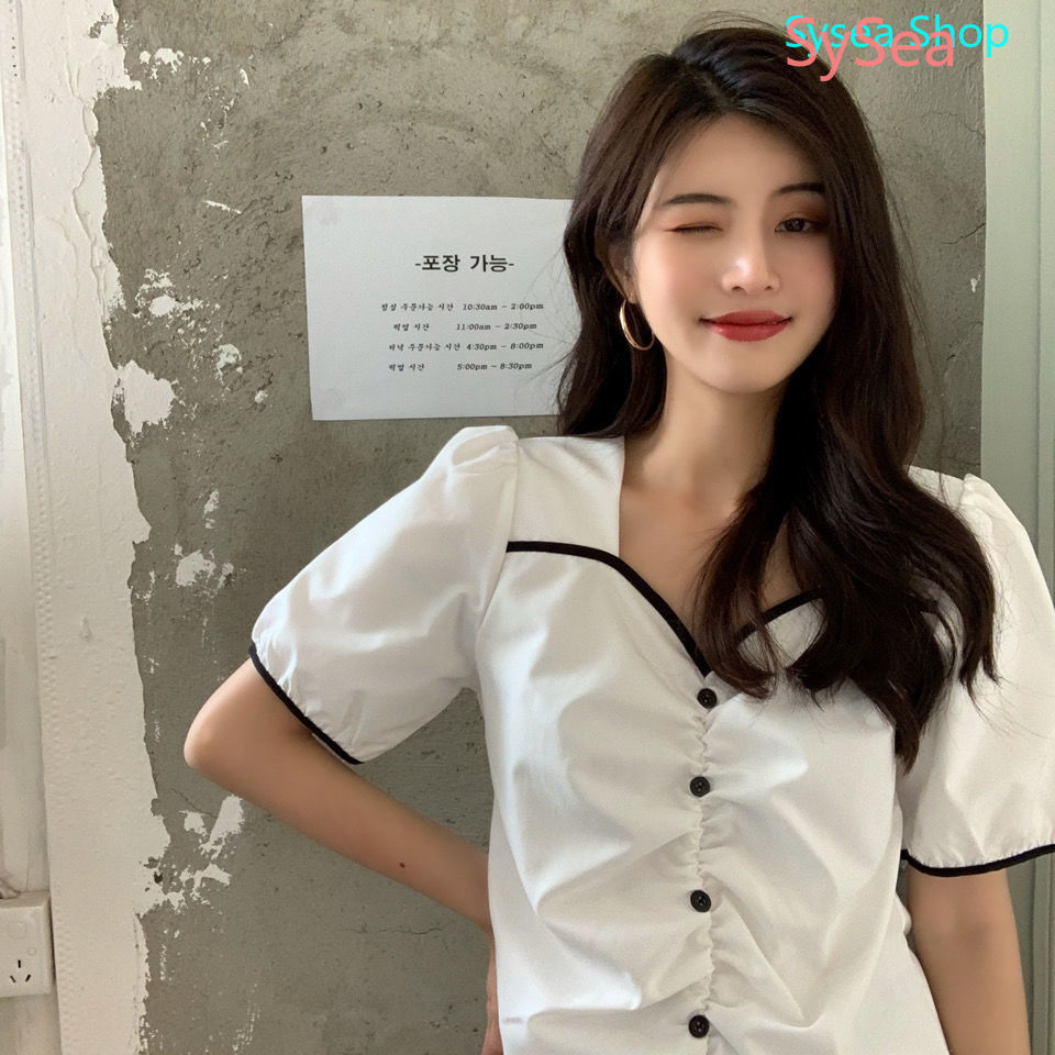 Áo Sơ Mi Trắng Cổ Trụ Tay Phồng Thời Trang Mùa Hè Cho Nữ