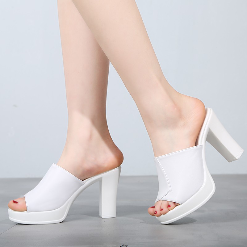 Ready stock_Black Waterproof Platform High Heel Thick With Out The Slippers, Women's Summer, Wear Thin Fashion Fish Mout