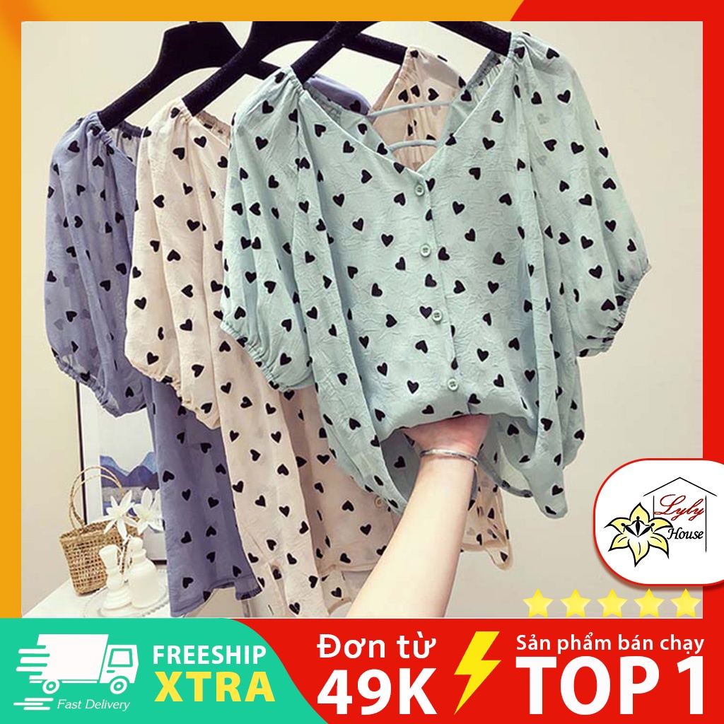 Áo voan nữ form rộng chất vải mềm mát cổ V họa tiết chấm tim dễ thương size m - 4xl