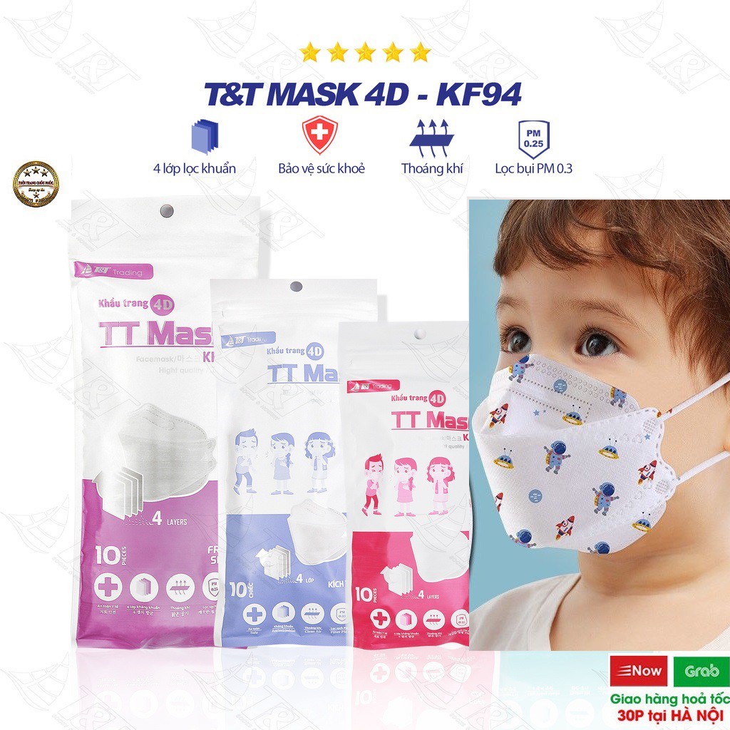 Khẩu trang trẻ em 4D TT Mask KF94 chính hãng ngăn ngừa chống bụi vi khuẩn và dịch từ 1 đến 10 tuổi