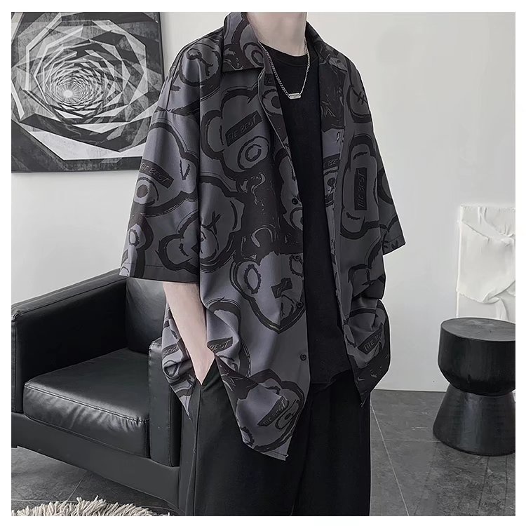 Short Sleeve Shirt With Cartoon Bear Pattern Korean Style Summer Men's Fashion 2022
