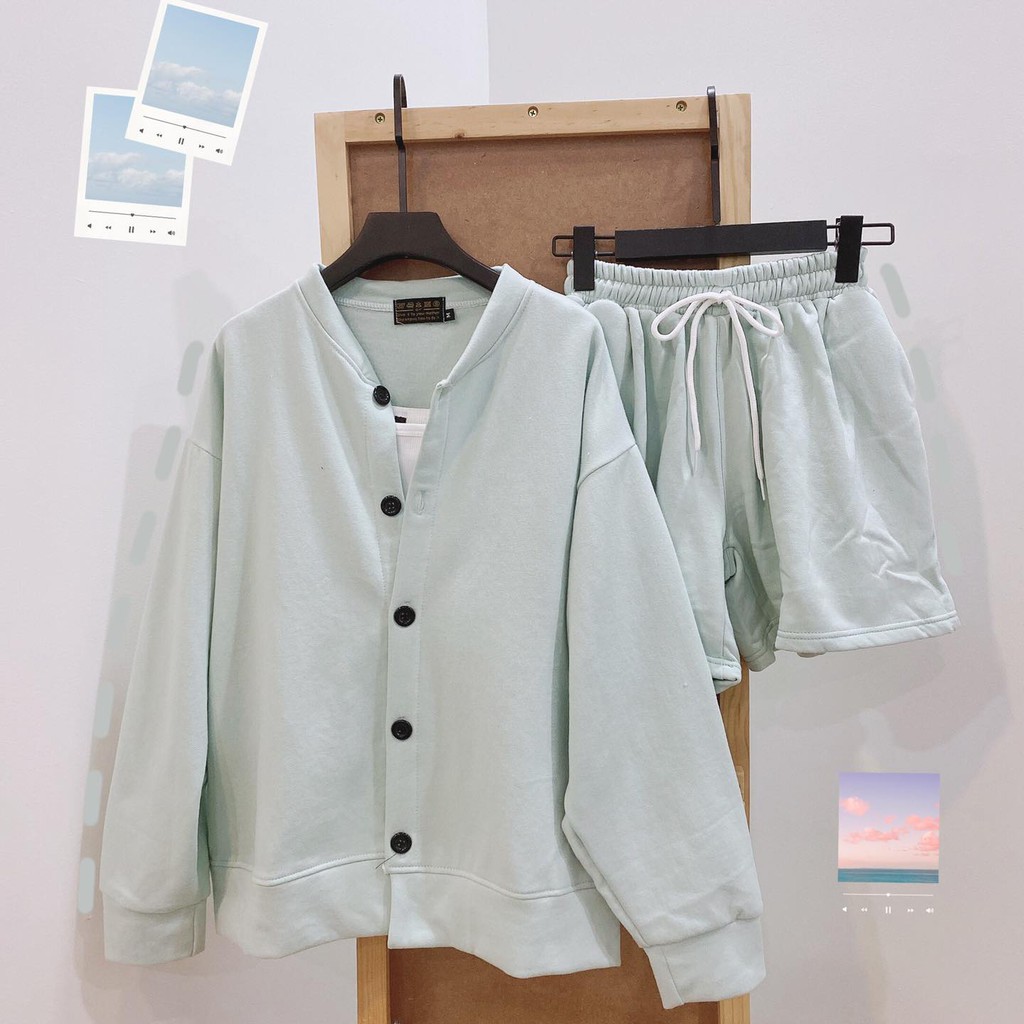 Set Cardigan YAYSHOP dáng rộng basic chất nỉ bông mềm dày dặn - 3 sản phẩm (Áo cardigan + short + bra)