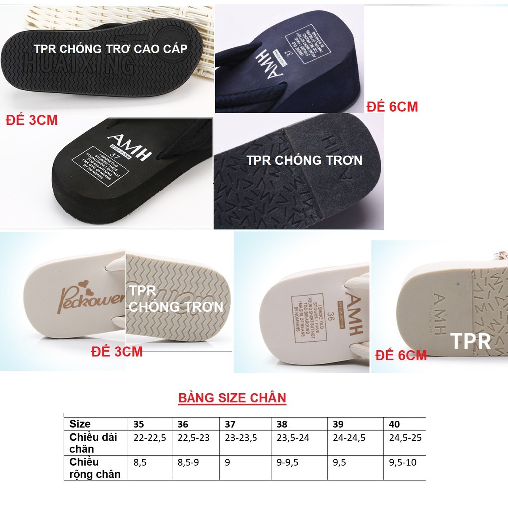 Dép Tông Nữ Xỏ Ngón Đế Cao 6cm Quai Đính Hoa| Dép Đế Xuồng Đi Biển