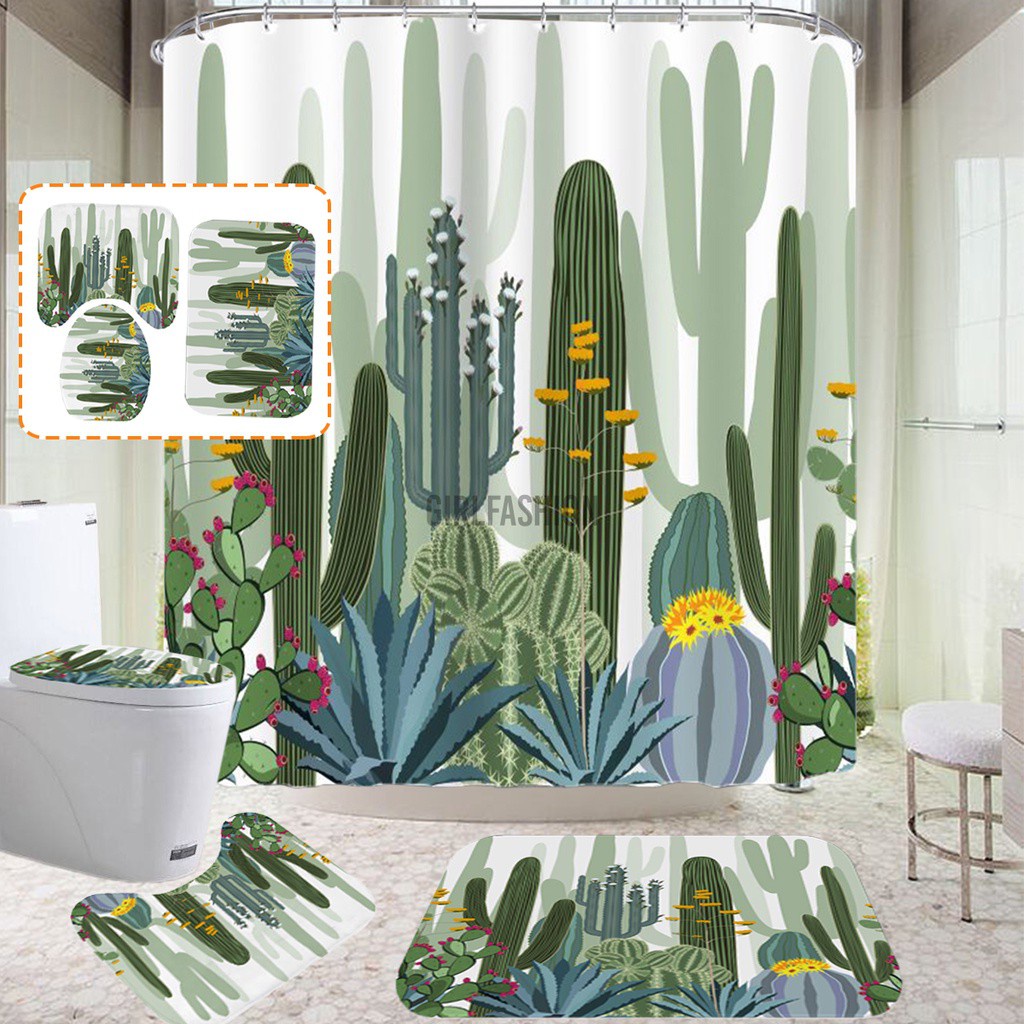 4x Cactus Waterproof Bathroom Shower Curtain Toilet Non-slip Cover Mat Rug Set