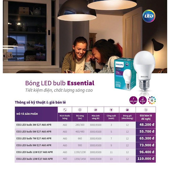 BÓNG ĐÈN PHILIPS LEDBULB ESSENTIAL 3W & 5W & 7W & 9W & 11W E27 A60 ( TIẾT KIỆM ĐIỆN - ÁNH SÁNG TRẮNG & VÀNG ) | BigBuy360 - bigbuy360.vn