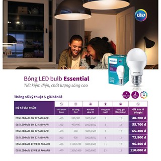 BÓNG ĐÈN PHILIPS LEDBULB ESSENTIAL 5W E27 A60 ( TIẾT KIỆM ĐIỆN - ÁNH SÁNG TRẮNG & VÀNG )