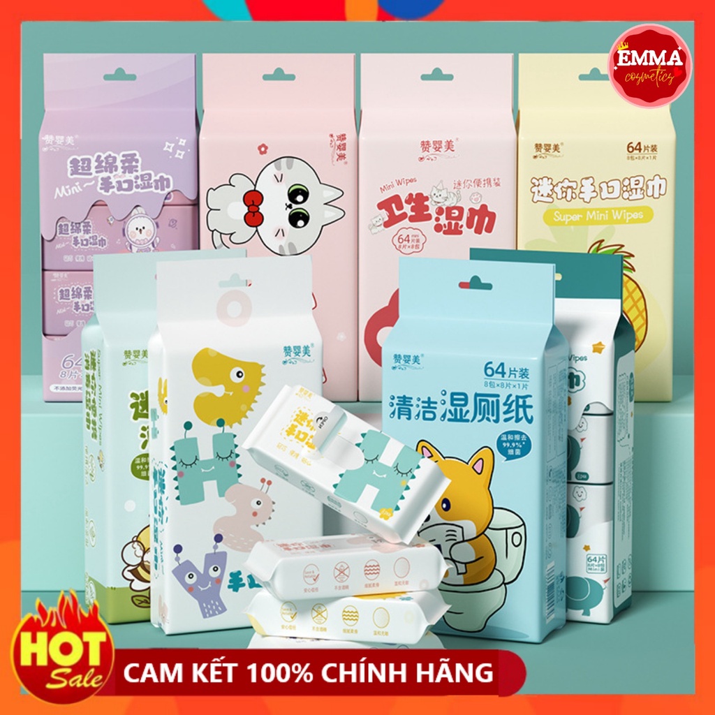 Khăn giấy ướt mini 1 bịch 8 gói, khăn ướt dùng một lần bỏ túi tiện lợi
