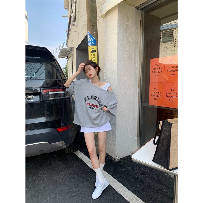 Áo Thun Rớt Vai Dáng Rộng Ngắn Tay In Chữ Phong Cách Mỹ 2022 Thời Trang Nữ