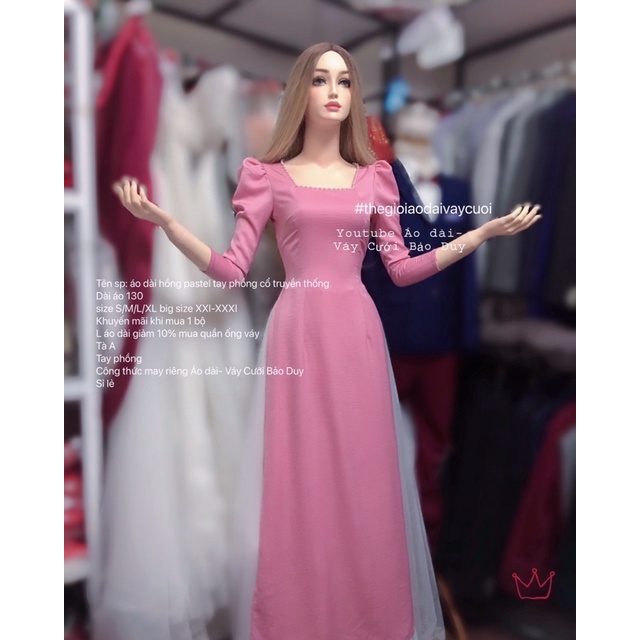 Áo dài hồng cổ vuông tay phồng thanh lí