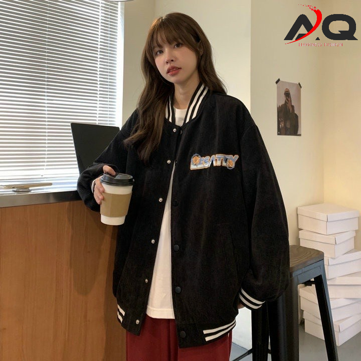 Áo Khoác bomber nhung tăm 2 lớp cao cấp thêu chữ LESATO Jean Nam Nữ- AQSTORE