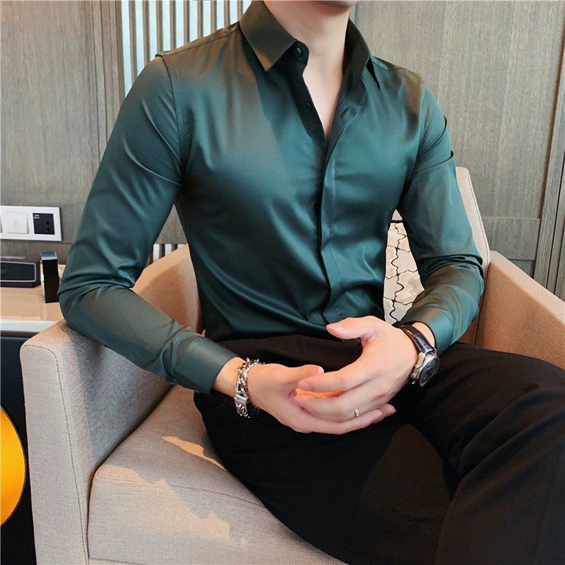 Áo Sơ Mi Nam Dài Tay Màu Xanh Lá Đậm Phong Cách Hàn Quốc Mới
