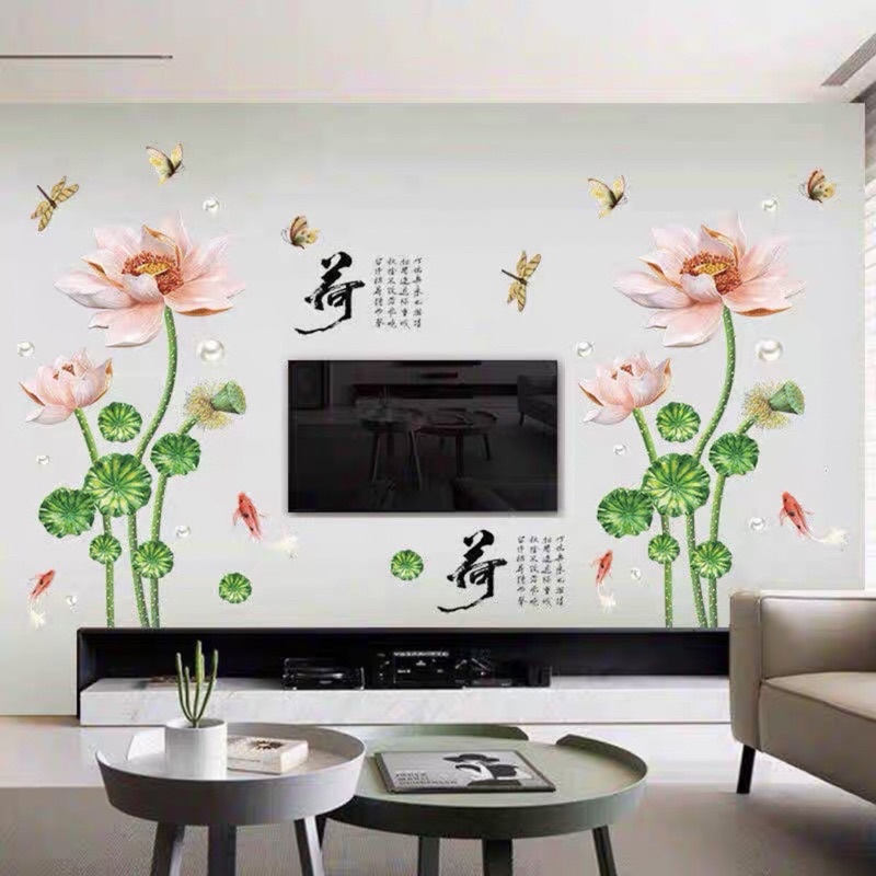 Decal dán tường sen cam trang trí phòng khách