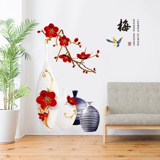 Tranh dán tường bình hoa mai đỏ, Decal bình hoa thư pháp, Tranh 3D phong thủy trang trí