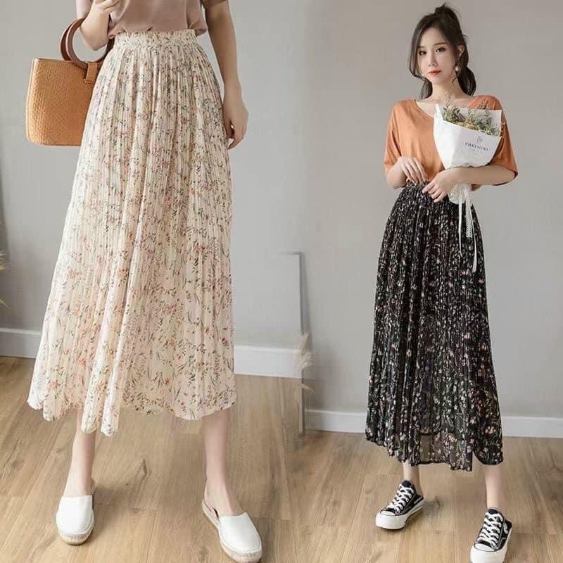 Chân váy midi hoa nhí xếp ly mẫu mới Quảng Châu Ulzzang (hình thật, sẵn) | BigBuy360 - bigbuy360.vn