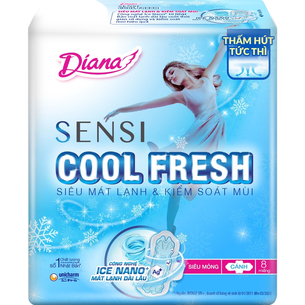 Băng Vệ Sinh Diana Sensi Cool Fresh Siêu Mỏng Có Cánh- Gói 8 Miếng