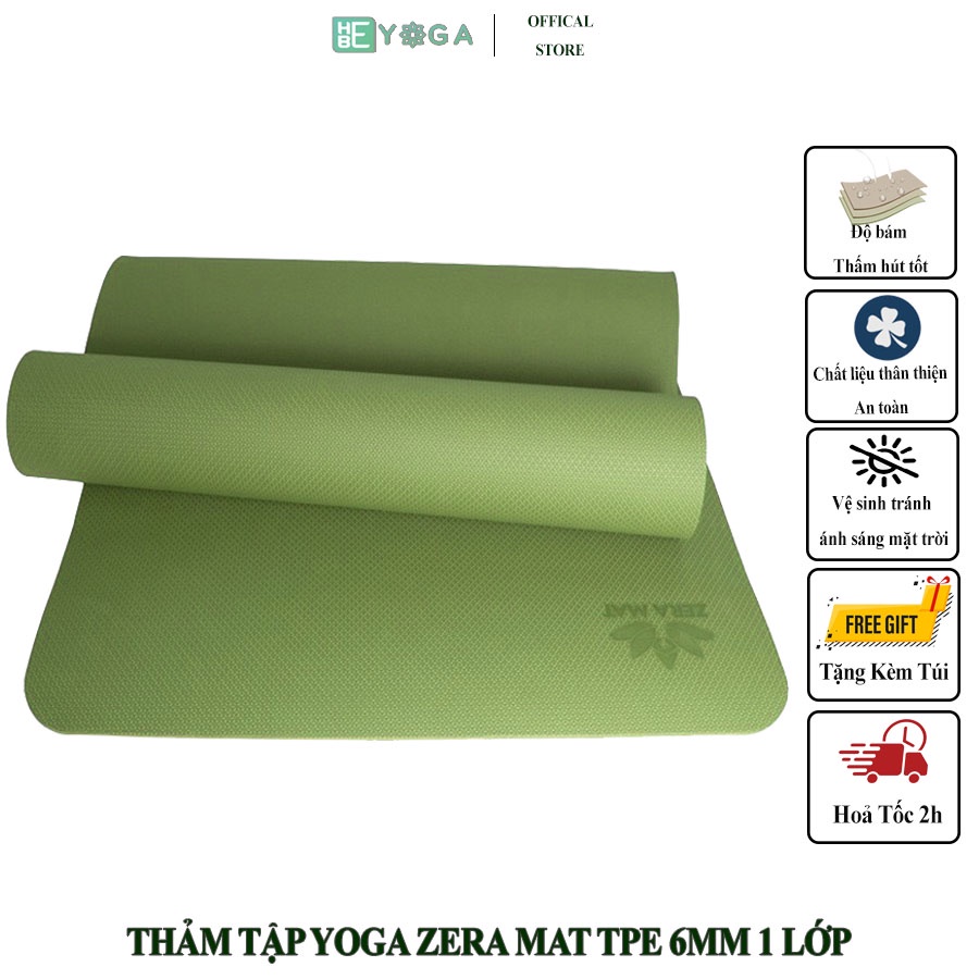 Thảm Tập Yoga TPE Zera Mat 1 Lớp 6mm màu Xanh Lá (Tặng kèm túi)